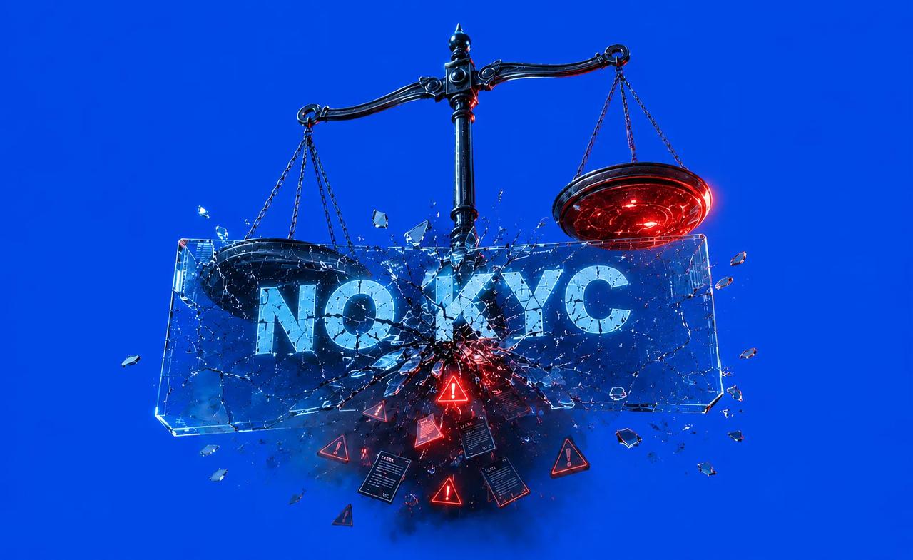 Hyperliquid no-KYC access gateway with regulatory gavel and courthouse warning — DeFi compliance risk illustration