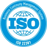 ISO 22301 business continuity certification badge ensuring operational resilience and disaster recovery readiness