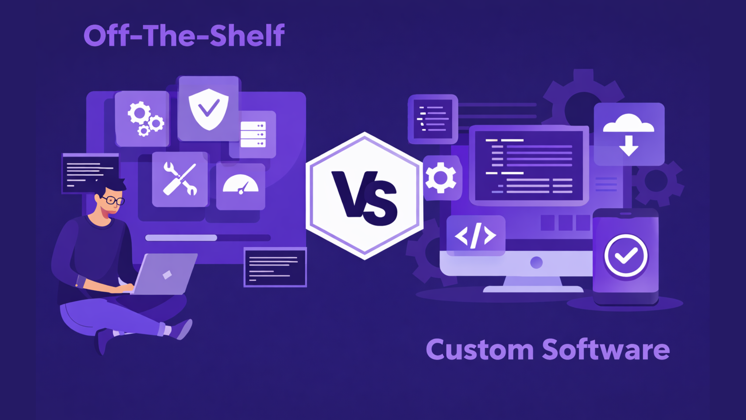 Custom vs Off the Shelf software comparison showing total cost of ownership analysis for vendor selection platforms over seven years