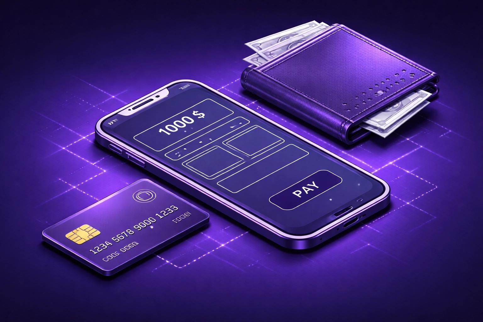 3D illustration of a secure crypto wallet system showing mobile wallet, card, and hardware wallet elements representing wallet development and maintenance support