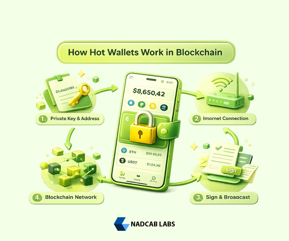 3D infographic showing how a hot wallet in blockchain works, including private keys, internet connection, transaction signing, and blockchain network