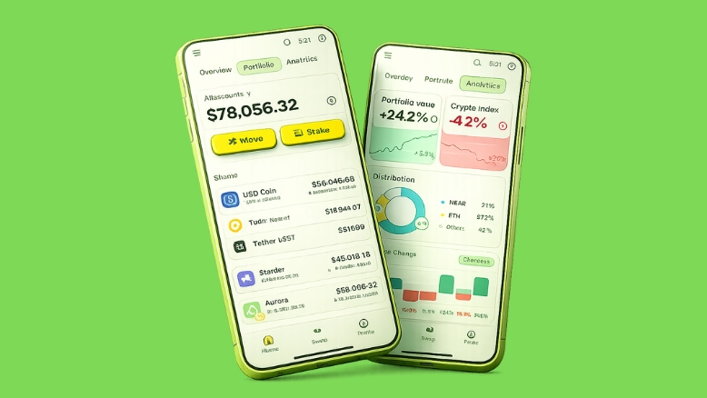 3D crypto wallet interface banner showing a hot wallet in blockchain with portfolio and analytics screens