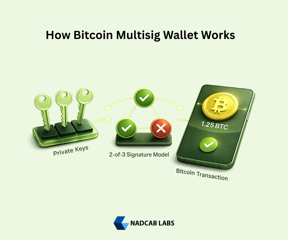 Visual illustration showing how a Bitcoin multisig wallet works using multiple private keys and a 2-of-3 signature model to approve a Bitcoin transaction securely.