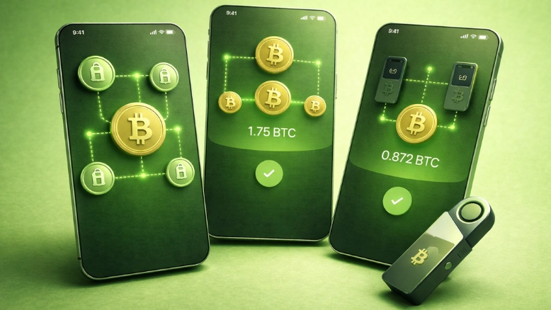 3D banner image of a Bitcoin multisig wallet securing Bitcoin transactions through multi-signature authentication.