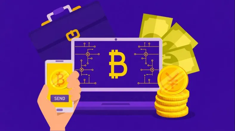 Bitcoin’s scripting system illustrated with Bitcoin logo, blockchain code, and digital transaction workflow