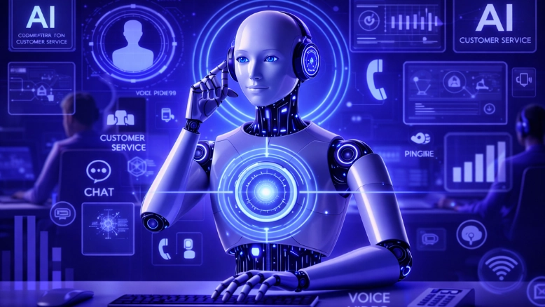 3D AI robot assistant in a futuristic support center with holographic chat and analytics dashboards, representing AI on customer service