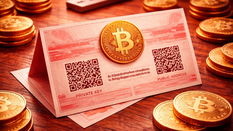 Simple 3D illustration of a bitcoin paper wallet with QR codes and a Bitcoin symbol in a red color theme