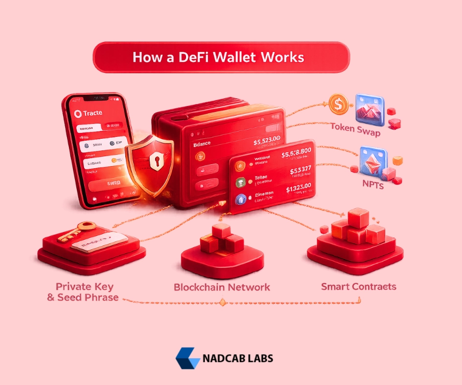 3D diagram explaining how a DeFi wallet works, showing private keys, blockchain network, smart contracts, and token swaps
