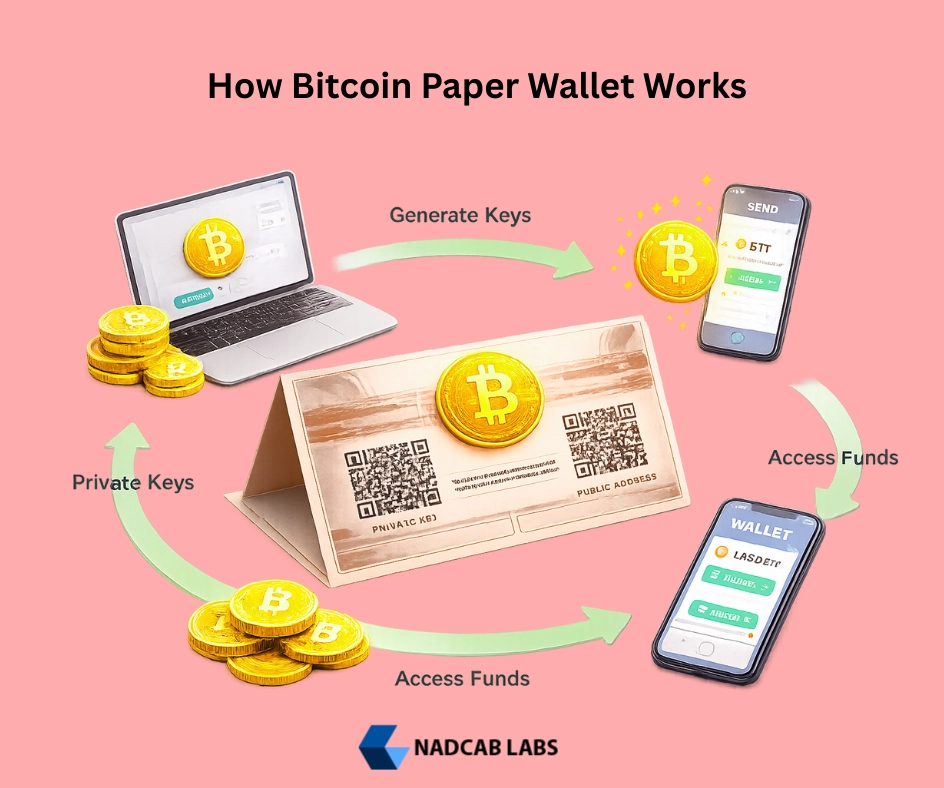 3D illustration showing how a bitcoin paper wallet works, including private keys, public address, and offline fund access