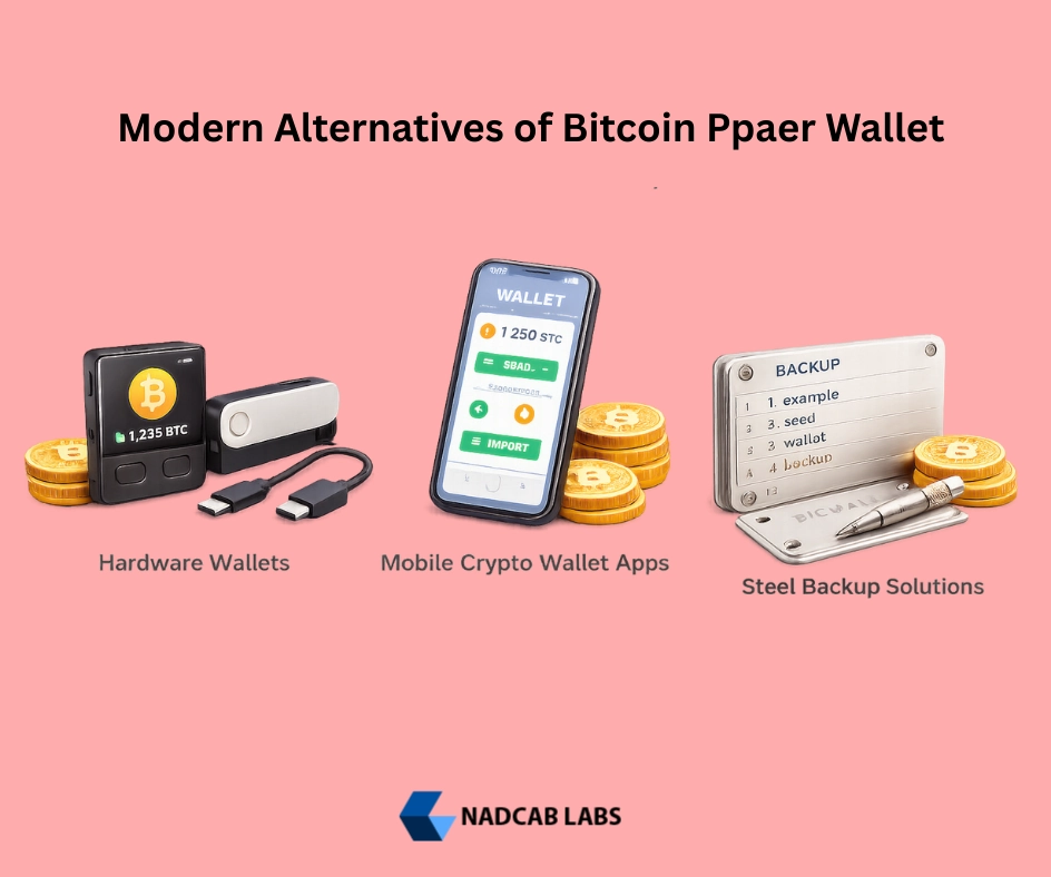 3D illustration showing modern alternatives to bitcoin paper wallets including hardware wallets, mobile crypto wallets, and steel backup solutions
