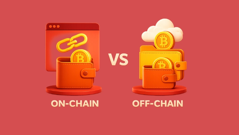 On-chain crypto wallet vs off-chain crypto wallet showing secure blockchain custody and digital asset control