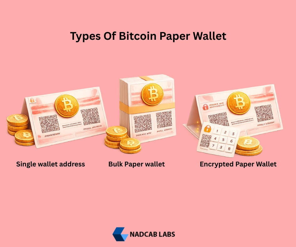 3D illustration showing types of bitcoin paper wallets including single address, bulk paper wallets, and encrypted paper wallet