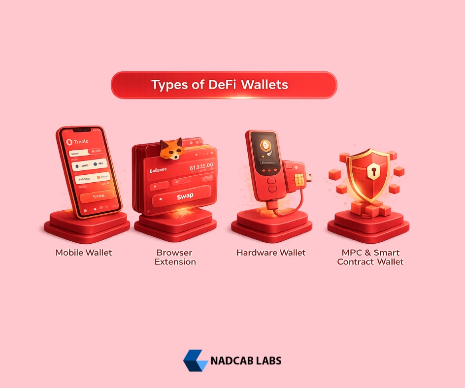 3D illustration showing types of DeFi wallet including mobile, browser extension, hardware, and MPC smart contract wallets