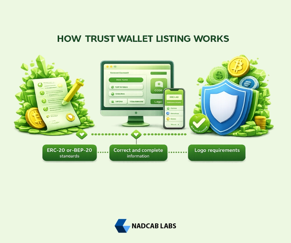 3D illustration explaining how Trust Wallet listing works, showing token submission, smart contract verification, and approval process. 