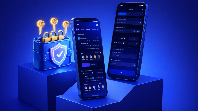 3D illustration of a multisignature wallet showing multi-approval security on blockchain