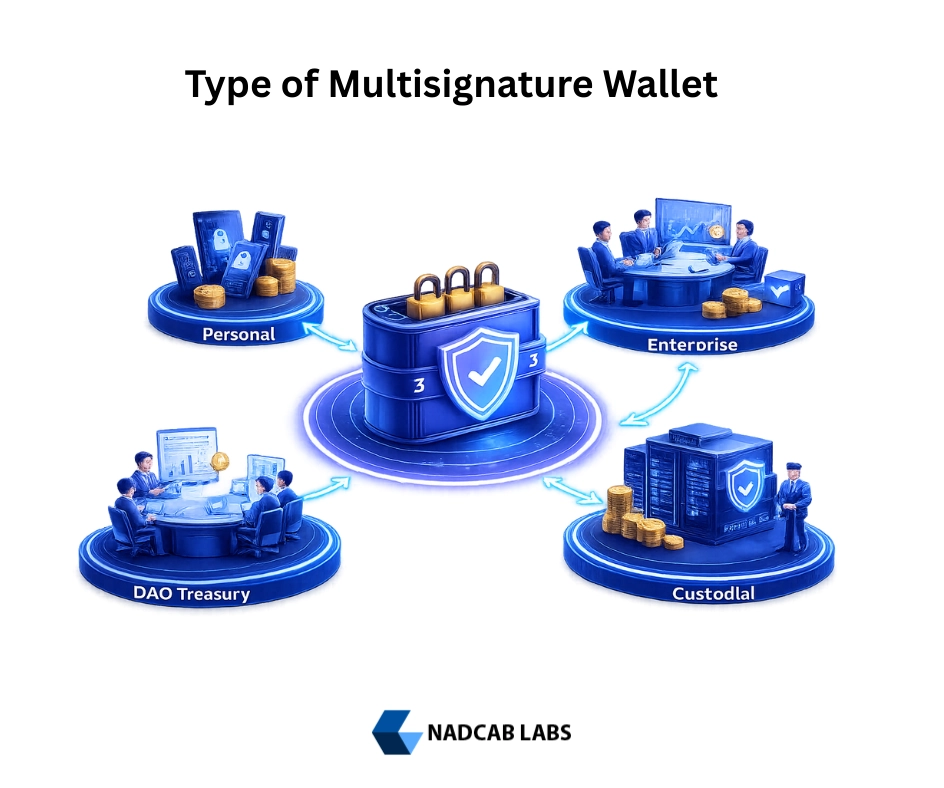 Types of multisignature wallets in blockchain showing personal, enterprise, DAO, and custodial use cases 