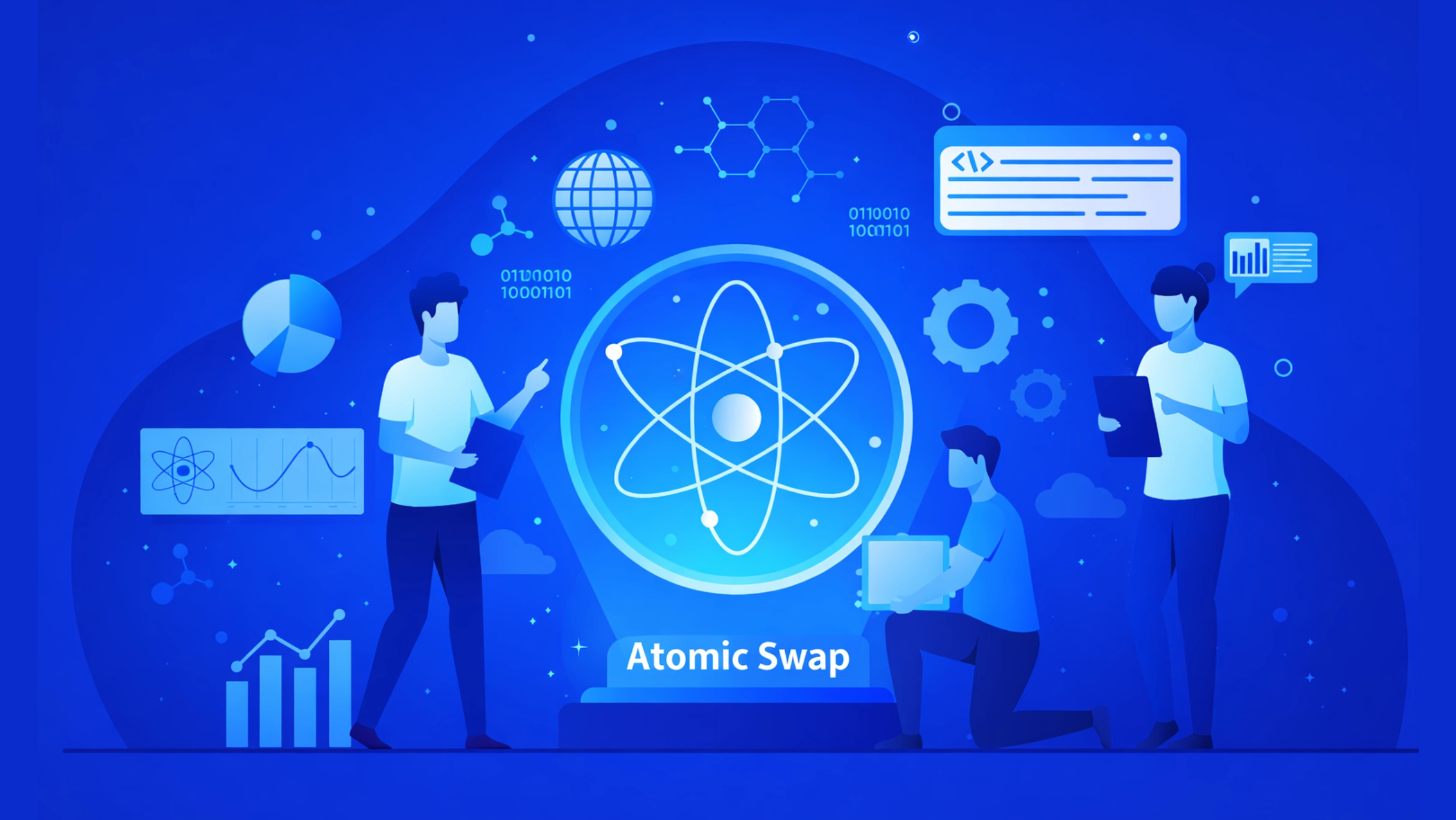 Atomic swap in Bitcoin transaction flow showing eight step process from agreement negotiation through HTLC creation to final settlement completion