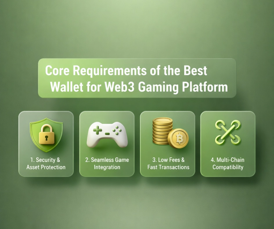 3D infographic showing core requirements of the best wallet for Web3 gaming platform including security, gaming integration, low fees, and multi-chain support 