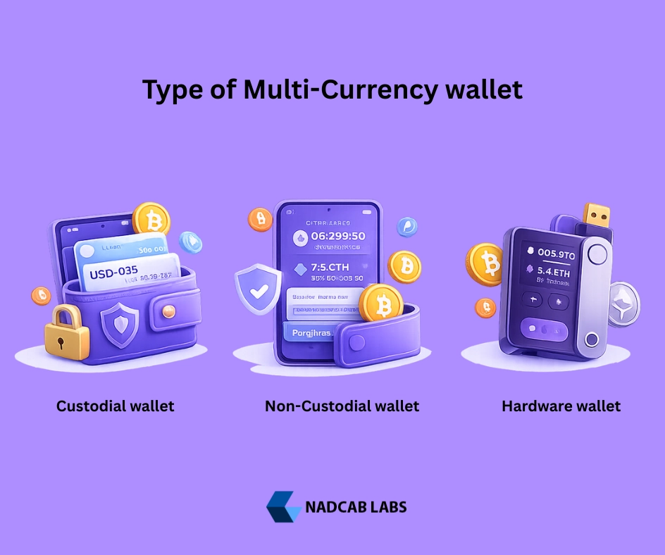 Types of multi-currency wallets including hot, cold, mobile, desktop, and hardware wallets