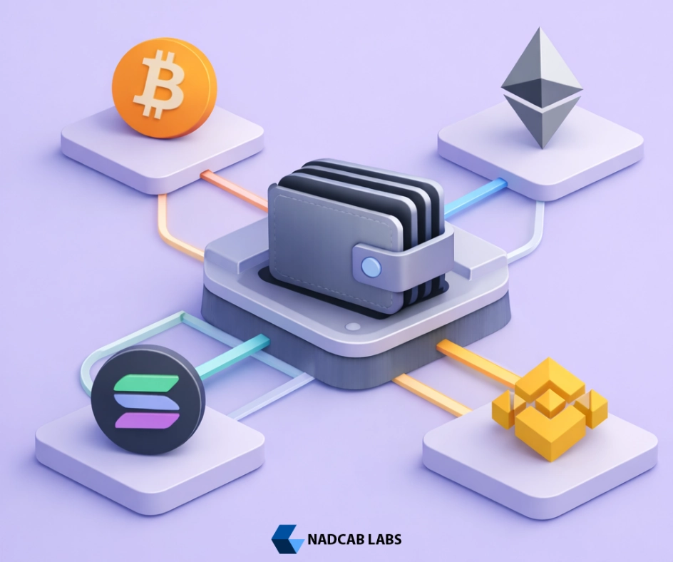 3D illustration of a multi-chain crypto wallet connected to Bitcoin, Ethereum, Solana, and Binance Smart Chain networks 