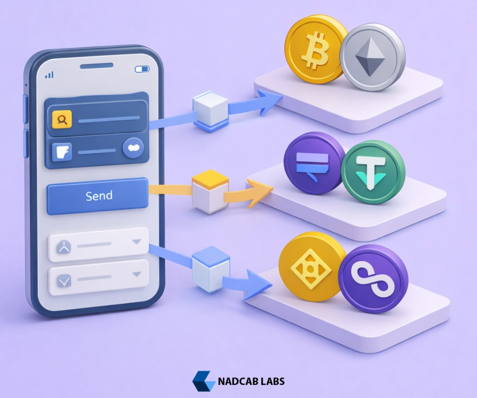 3D illustration of a mobile crypto wallet app sending and receiving digital assets across multiple blockchain networks 