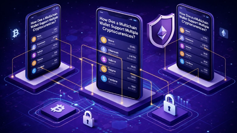 Multichain wallet architecture showing a single crypto wallet supporting multiple blockchains and cryptocurrencies