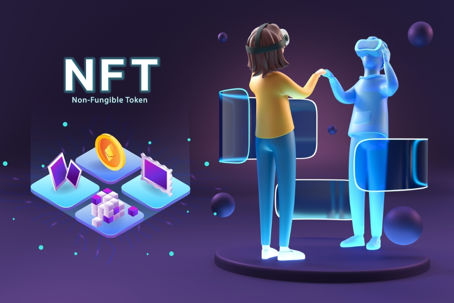 3D illustration of NFT blockchain ecosystem with digital assets, virtual reality users, and Non-Fungible Token concept