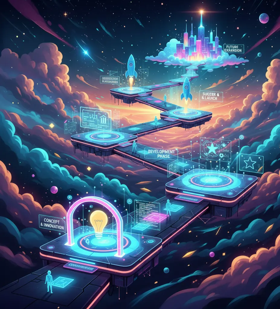 Futuristic illustration showing the stages of NFT development from concept and innovation to development, launch, and future expansion in a digital cloud city.