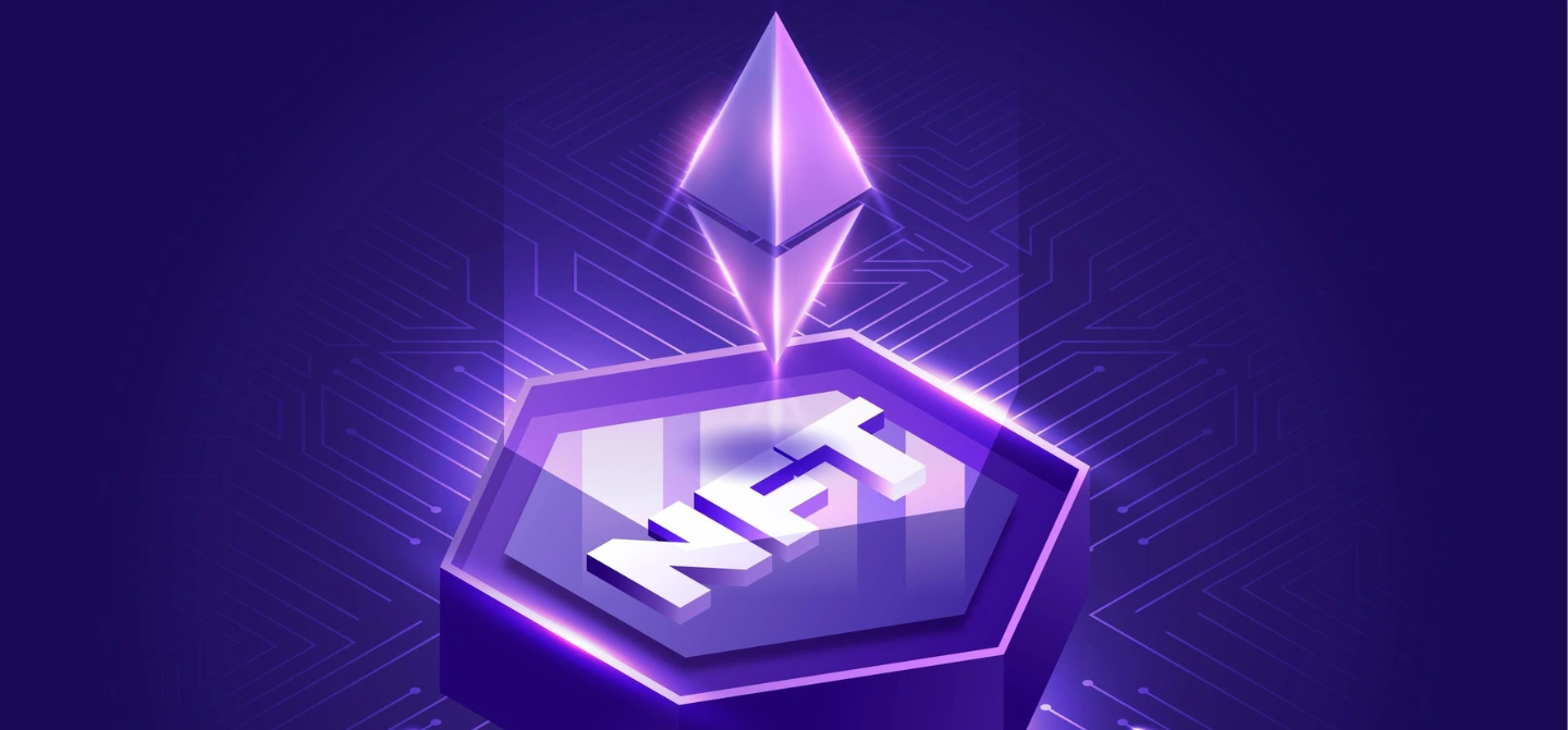 Futuristic illustration of an NFT token with a glowing Ethereum symbol above it on a purple digital background.
