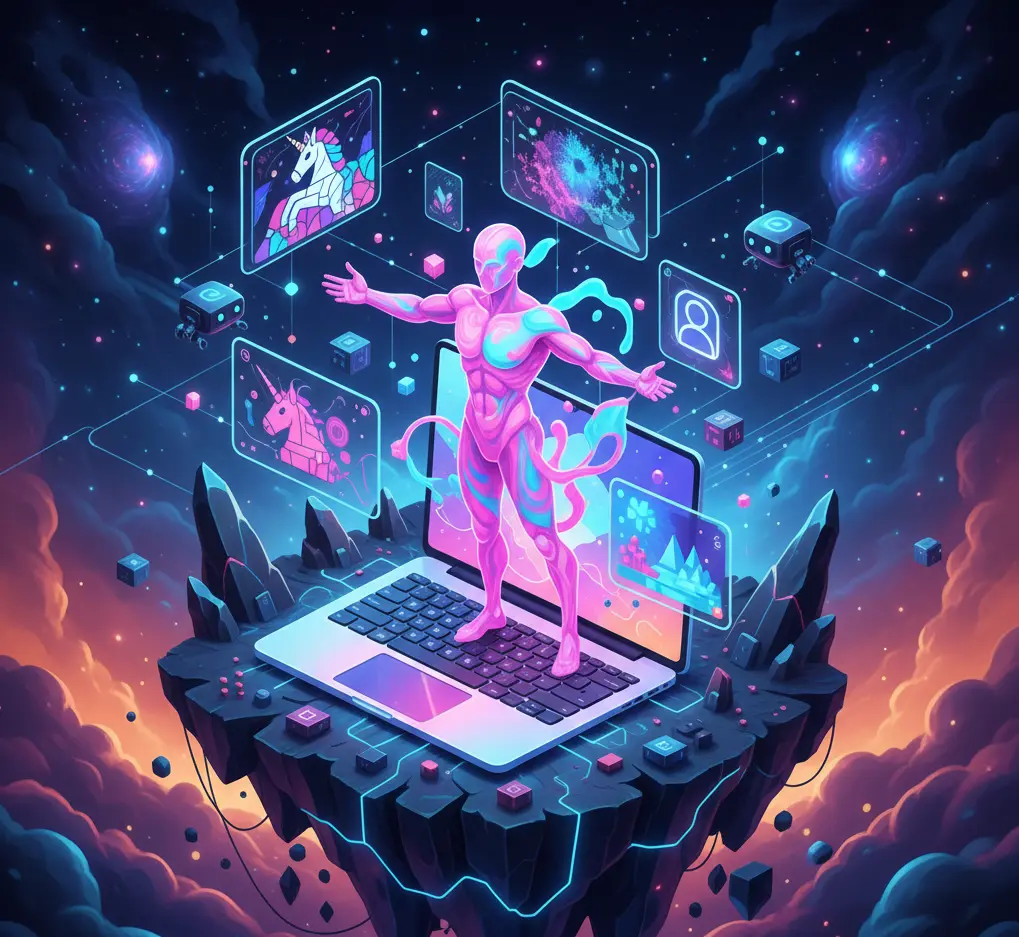 A futuristic digital humanoid emerging from a laptop surrounded by NFT artwork and blockchain data in a cosmic environment.