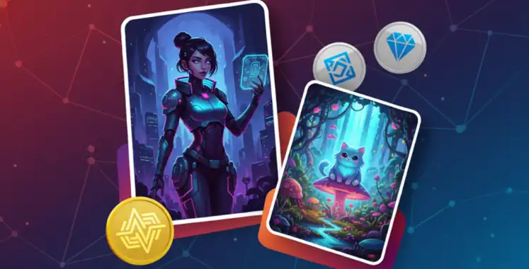 Futuristic NFT artwork cards featuring a cyberpunk female avatar and a cute fantasy creature, with cryptocurrency icons in the background.