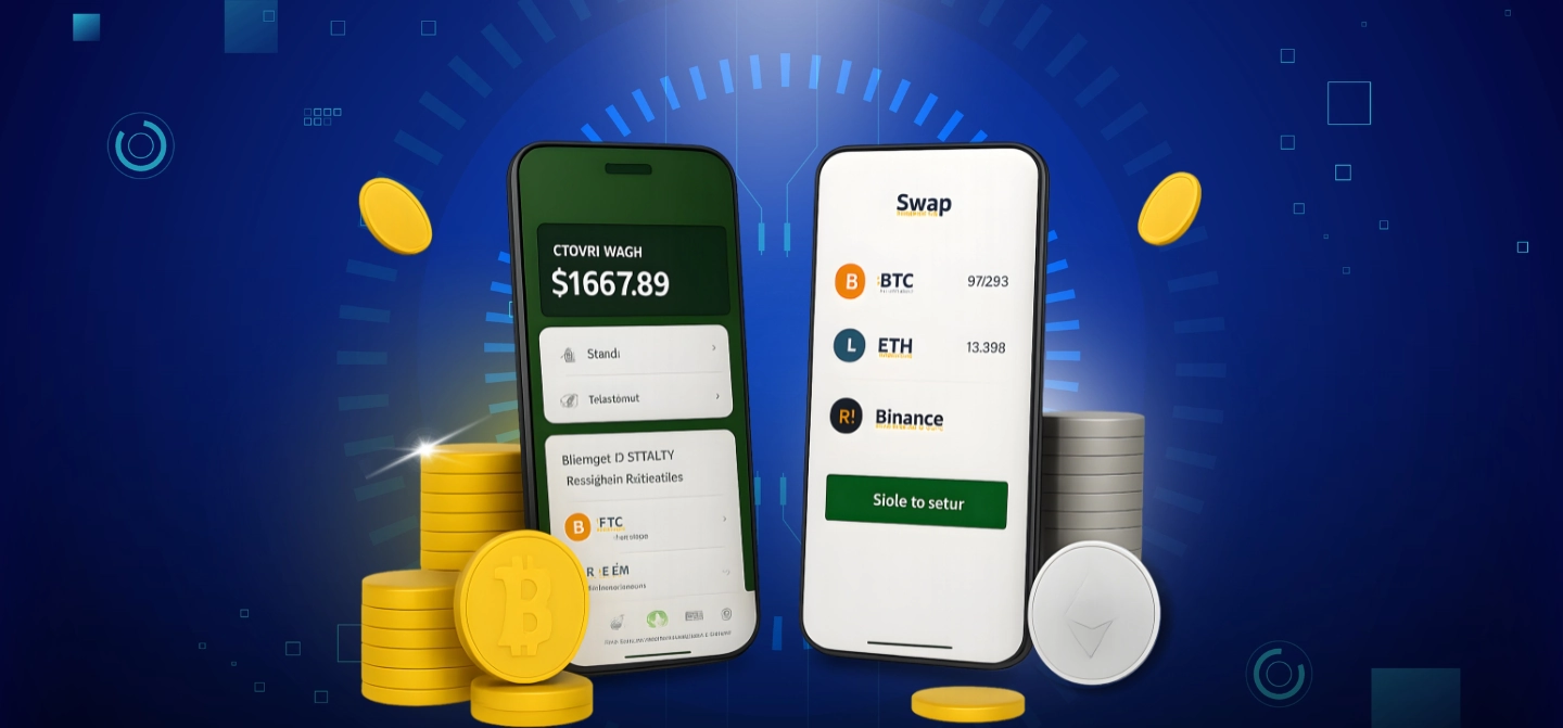 Image showing a Cryptocurrency Wallet Development Company interface on modern smartphone screens