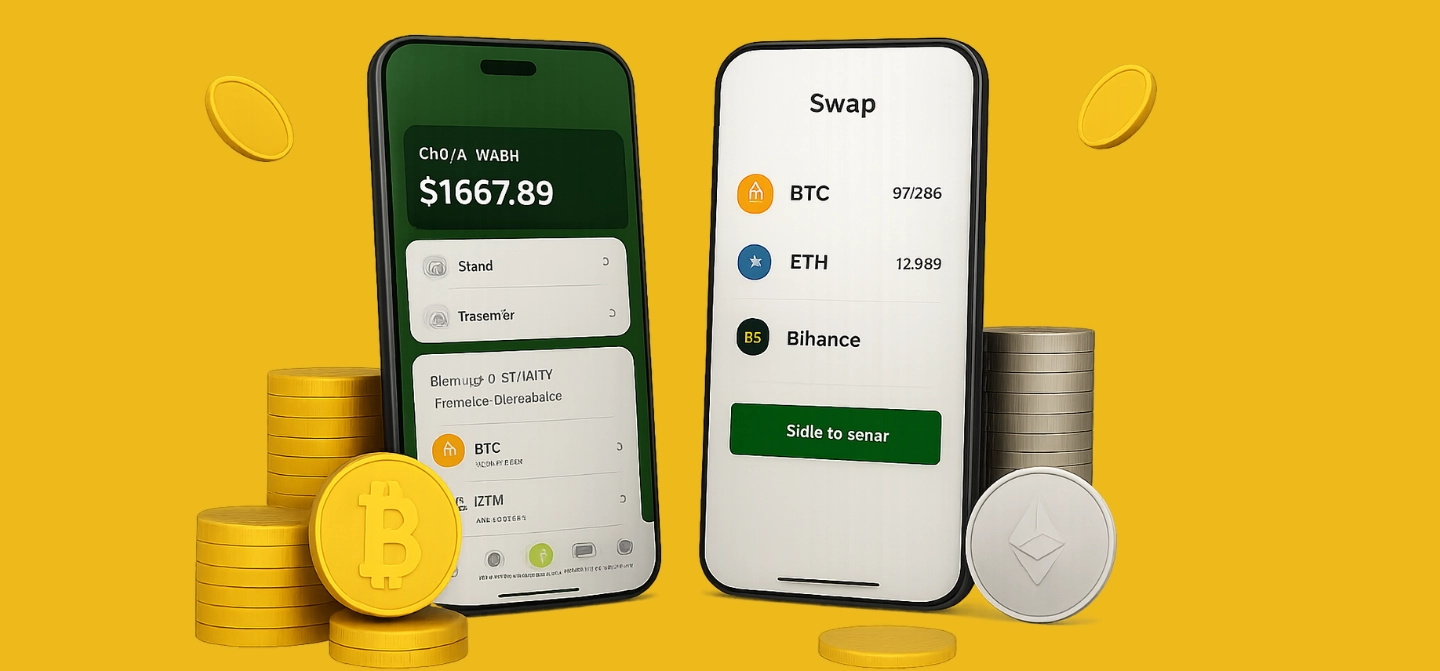 Image showing a Cryptocurrency Wallet Development Company interface on modern smartphone screens