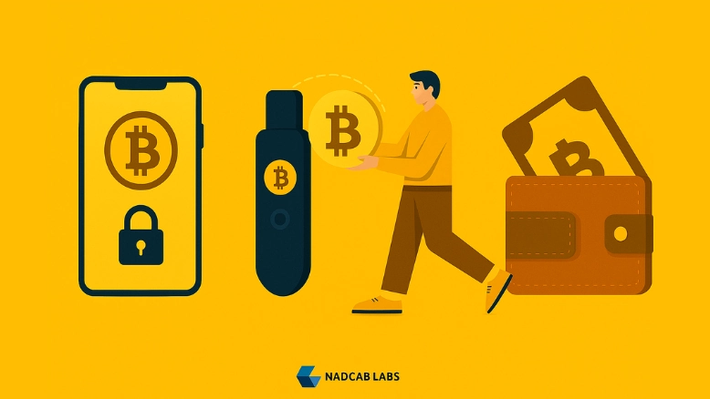 Types of Crypto Wallets illustration showing software, hardware, and paper wallets