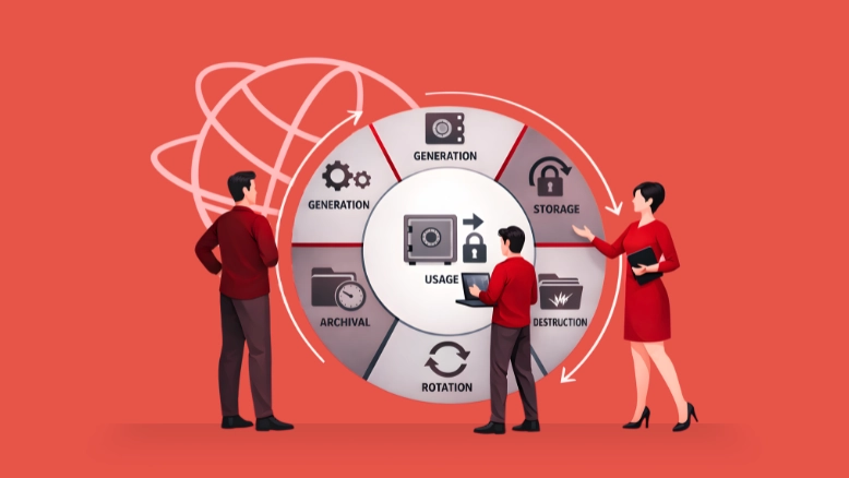 Cryptographic key lifecycle showing private key generation, storage, usage, rotation and secure destruction in blockchain systems