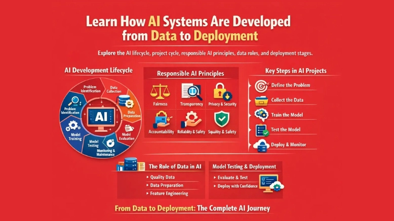 Illustration representing the lifecycle of AI development from data collection to deployment and monitoring.