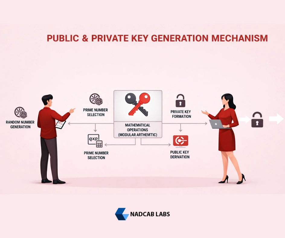 Cryptographic key lifecycle mechanism explaining private key generation, public key derivation and blockchain address creation