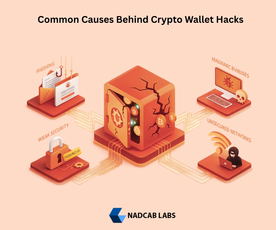 Visual representation of causes behind crypto wallet hacks including private key exposure, phishing attacks, smart contract vulnerabilities, and weak wallet security