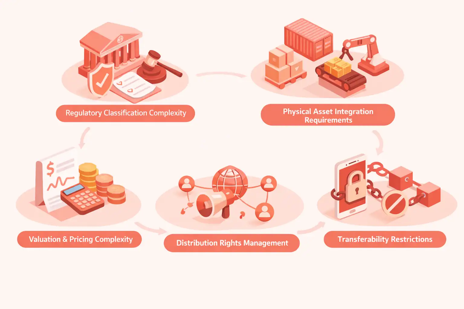 Multi-layer compliance and governance cost structure diagram illustrating tokenization cost factors across regulatory tiers with interconnected network patterns