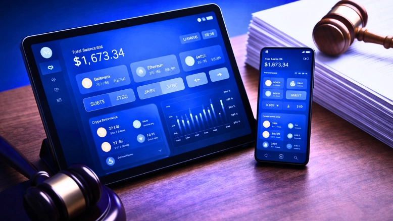3D illustration of a secure crypto wallet dashboard on tablet and smartphone representing a compliance checklist for cryptocurrency wallet providers.