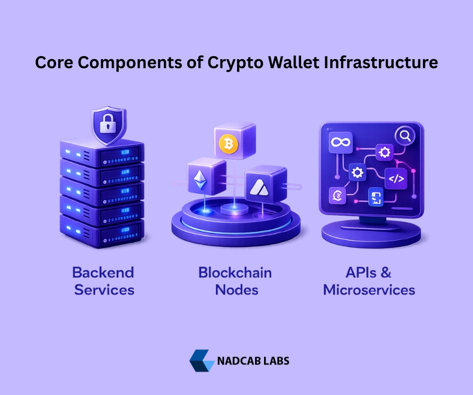 3D illustration showing core components of Crypto Wallet Infrastructure including backend services, blockchain nodes, and API architecture