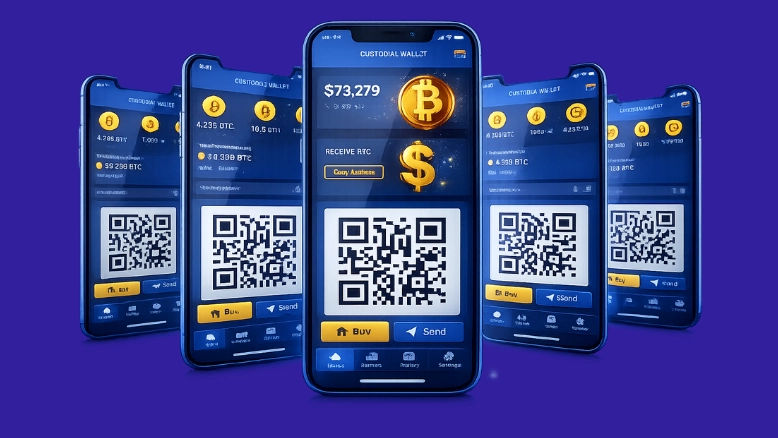 3D illustration of multiple smartphones displaying a custodial wallet interface for crypto investors, showing secure balances, QR codes, and transaction options in a blue-themed design.