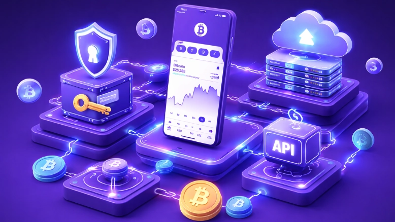 3D illustration representing a cryptocurrency wallet technology stack with secure blockchain infrastructure and mobile wallet architecture