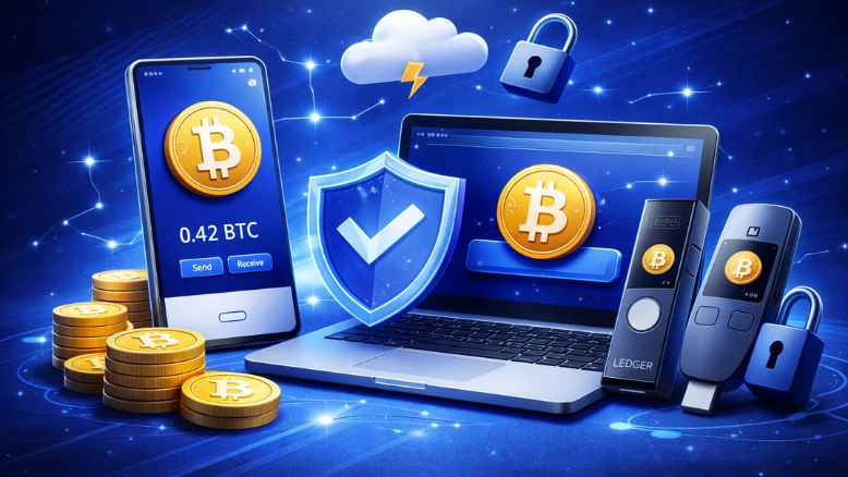 Hot wallet illustration showing a secure Bitcoin crypto wallet connected to the internet for fast transactions