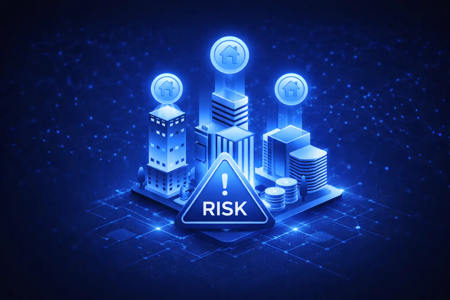 Real estate tokenization risks protection through multi-layered security shield with digital locks and encryption patterns