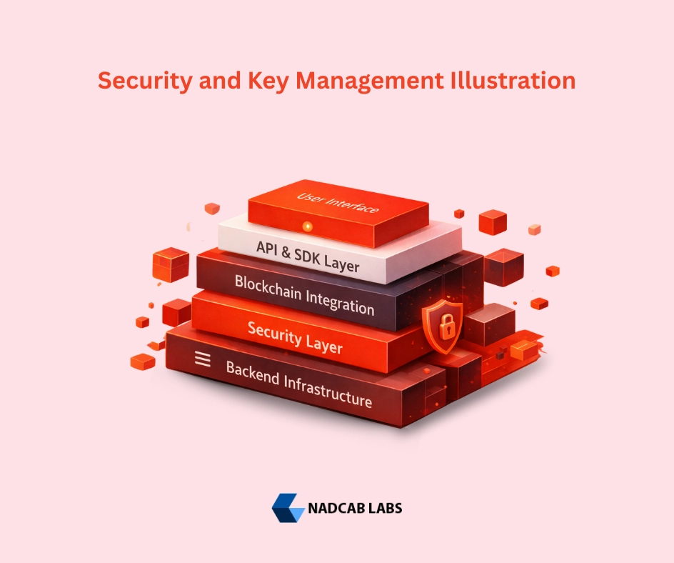 Layered architecture diagram of a cryptocurrency wallet showing blockchain layer, backend services, security components, and user interface