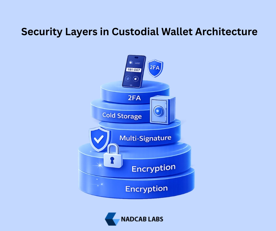 Security layers in custodial wallet architecture including HSMs, access controls, multi-signature approvals, and audit logging 