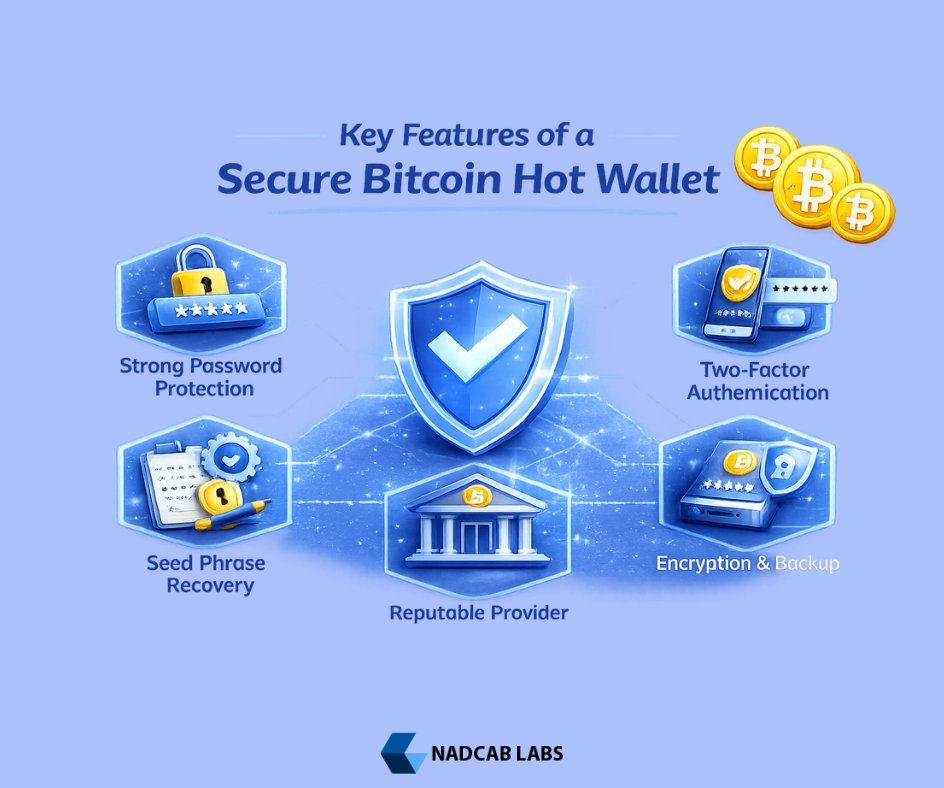 Key features of a secure Bitcoin hot wallet including private key control, encryption, backup, and transaction security