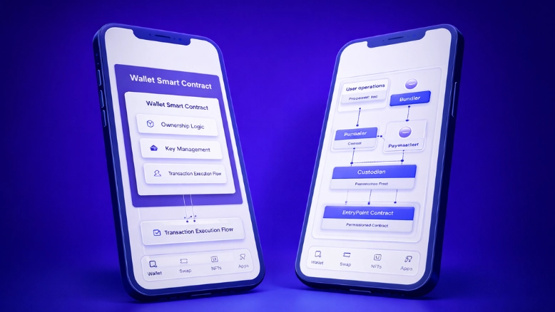 Smart contract wallet architecture visual showing account abstraction and secure wallet design