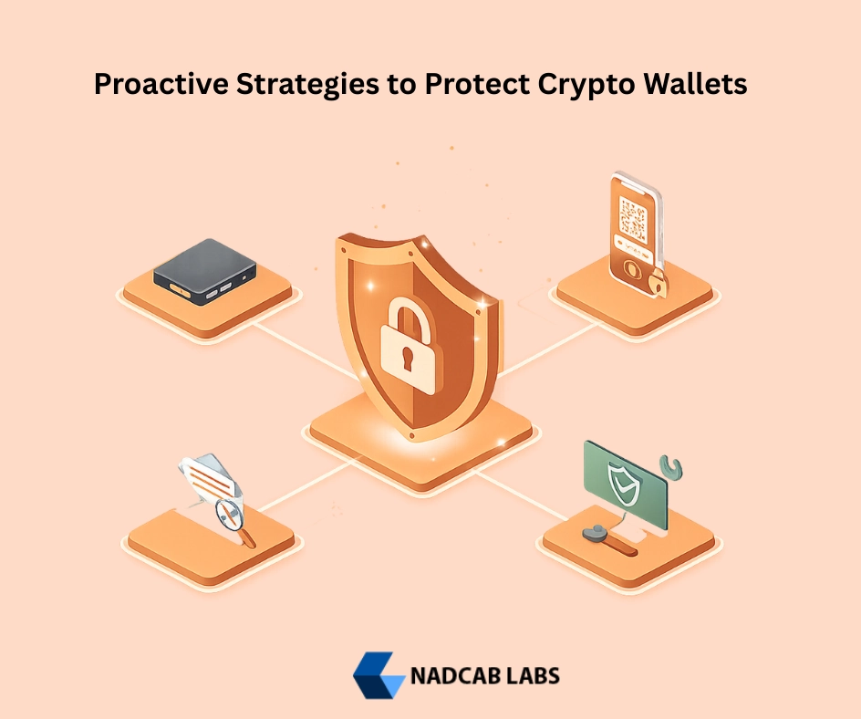 Diagram showing strategies to protect against crypto wallet hacks using hardware wallets, multisignature security, transaction monitoring, and phishing prevention